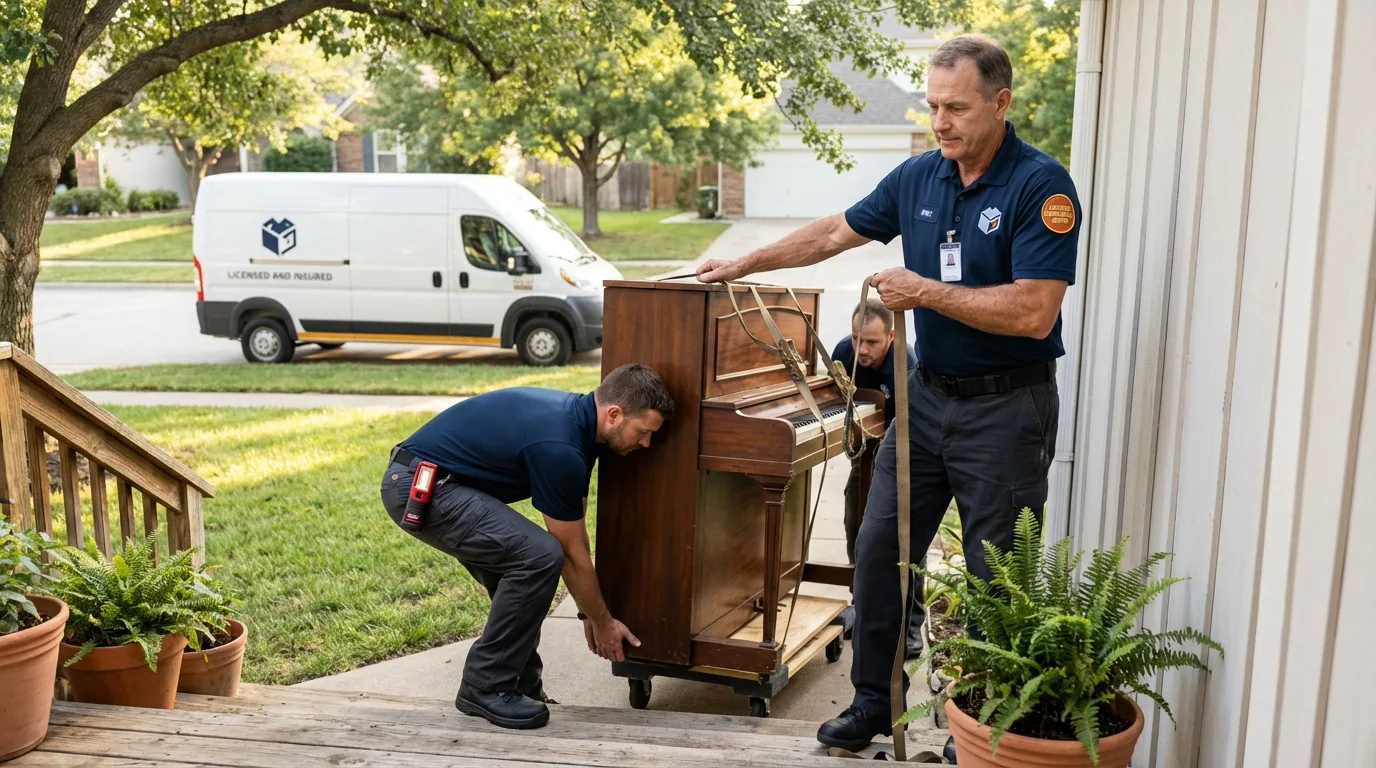 Licensed piano movers securing grand piano in Matteson, IL